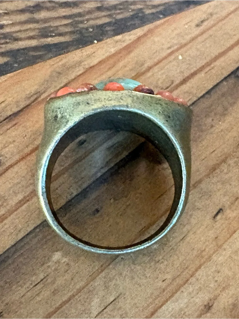 Vintage brass Turquoise & Coral Stone Statement Ring - Women Jewelry READ